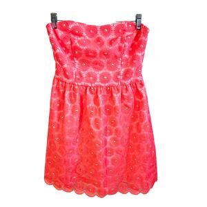 Lilly Pulitzer Size 4 Strapless Mini Dress Coral Red Embroidered Pinwheel Floral